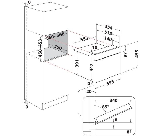 Whirlpool MBP A540 B magnetron combi, technische installatietekening met dimensies en inbouwspecificaties