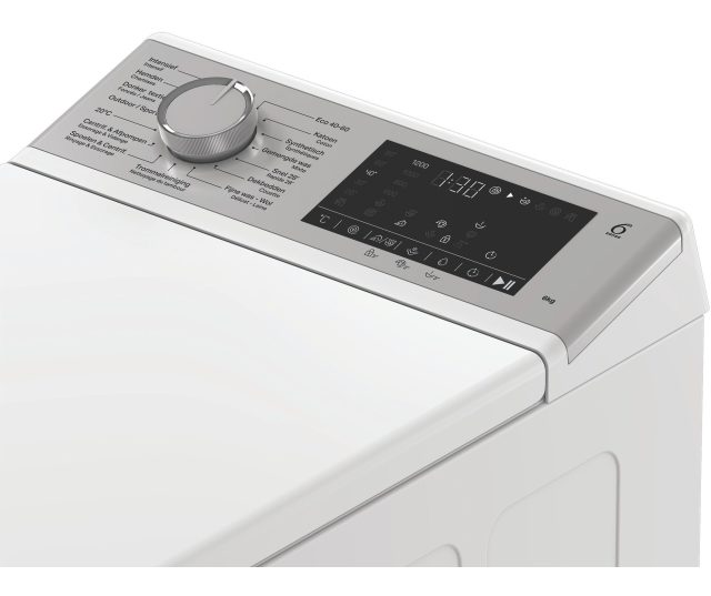 Whirlpool bovenlaadwasmachine vrijstaand, bedieningspaneel bovenkant met draaiknop en digitaal display