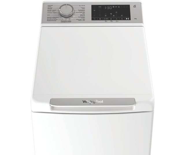 Whirlpool bovenlaadwasmachine vrijstaand, bedieningspaneel detail met programmaknop en touchscreen display
