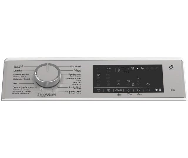 Whirlpool bovenlaadwasmachine vrijstaand, frontaanzicht met merklogo onderkant