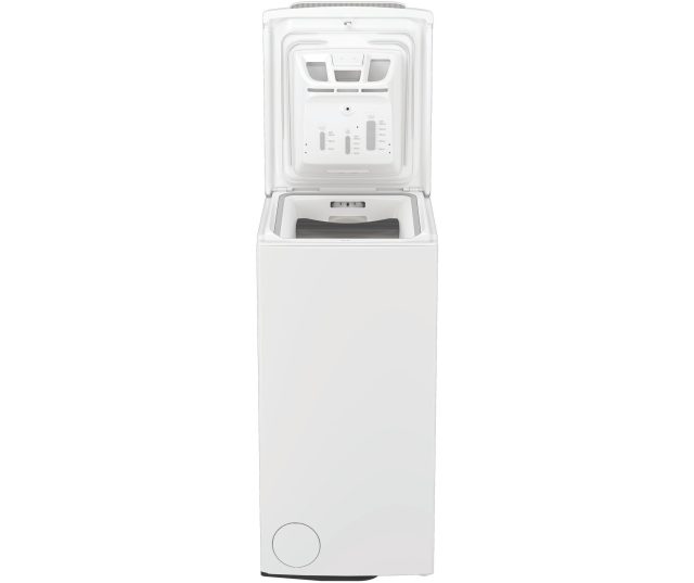 Whirlpool vrijstaande bovenlaad wasmachine met geopende deksel, zichtbaar wasmand en doseerlade