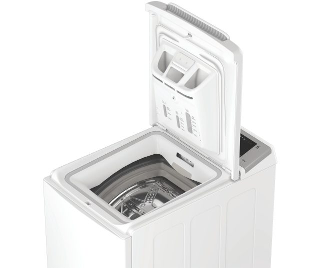 Whirlpool vrijstaande bovenlaad wasmachine, geopend deksel met zichtbare wasmand en doseerlade bovenkant