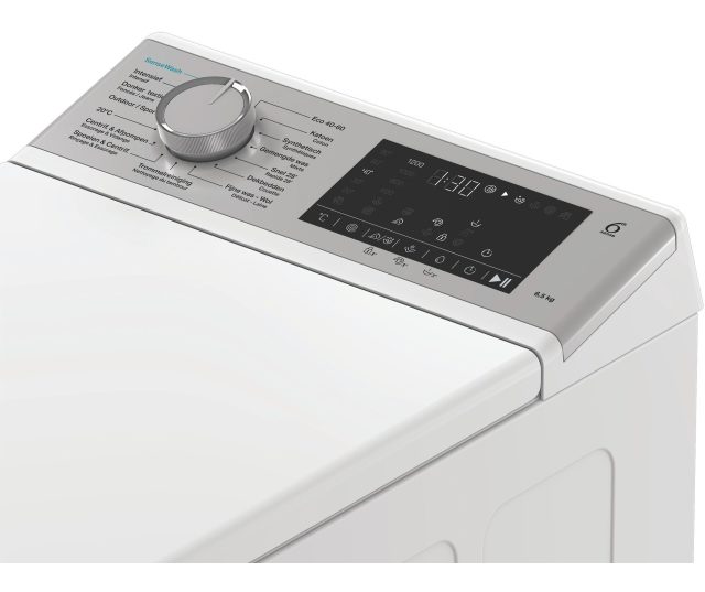 Whirlpool vrijstaande bovenlaad wasmachine, bedieningspaneel bovenaanzicht met draaiknop en digitaal display