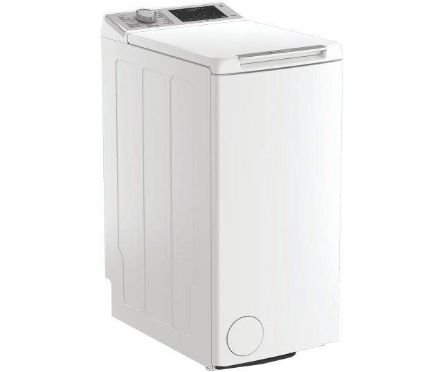 Whirlpool vrijstaande bovenlaad wasmachine, driekwart vooraanzicht met bedieningspaneel en gesloten deksel