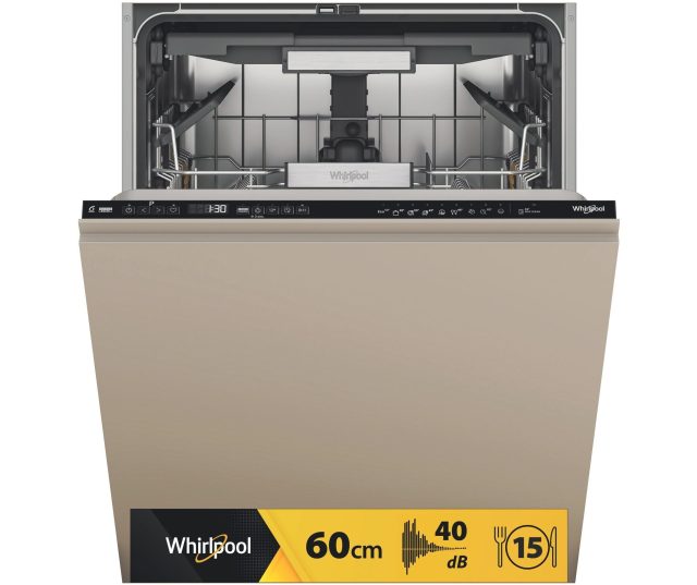 Whirlpool W7I HP40 LSC vaatwasser vooraanzicht met geopende deur en zichtbare manden
