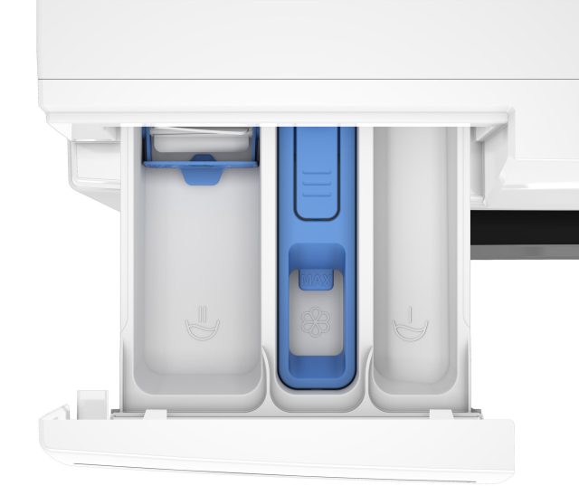 Whirlpool WAM 09WB BE wasmachine detailaanzicht van waschmiddellade met compartimenten