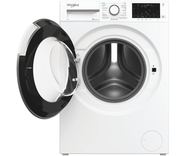 Whirlpool vrijstaande wasmachine met geopende deur en zichtbaar interieur
