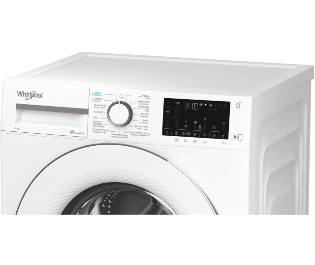 Whirlpool vrijstaande wasmachine bovenaanzicht met zichtbare bovenplaat en bedieningselementen