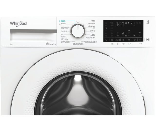 Whirlpool vrijstaande wasmachine frontaanzicht bovenkant met draaiknop en digitaal display