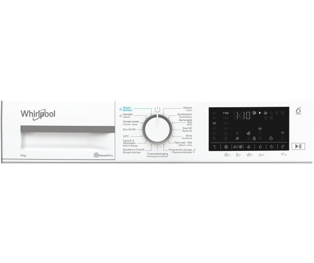 Whirlpool vrijstaande wasmachine frontaanzicht met digitaal bedieningspaneel en sensoren