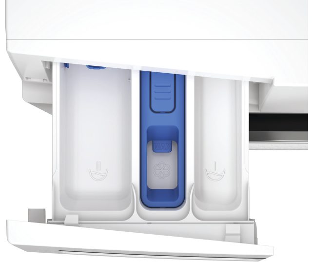 Whirlpool wasmachine detailweergave van uitneembare dispenserbak met drie compartimenten