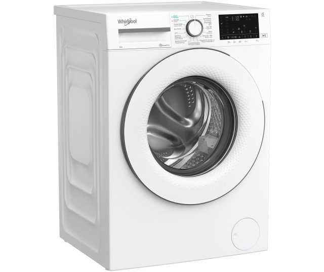 Whirlpool vrijstaande wasmachine 8 kg vooraanzicht met gesloten deur en volledig bedieningspaneel
