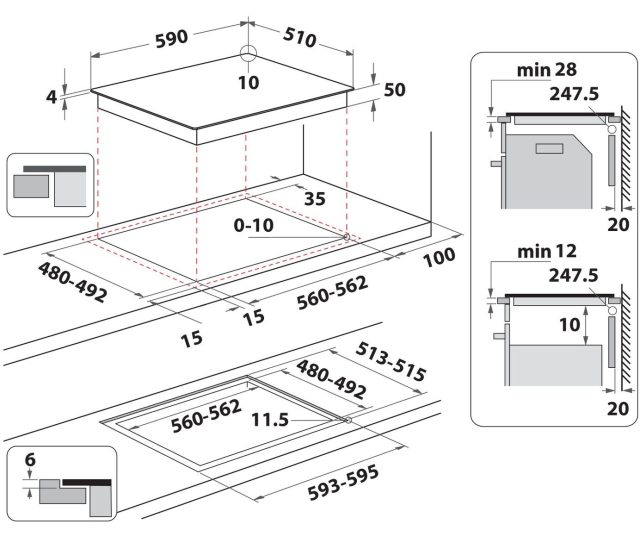 Whirlpool WB S2560 NE BM technische installatietekening met afmetingen en aansluitschema