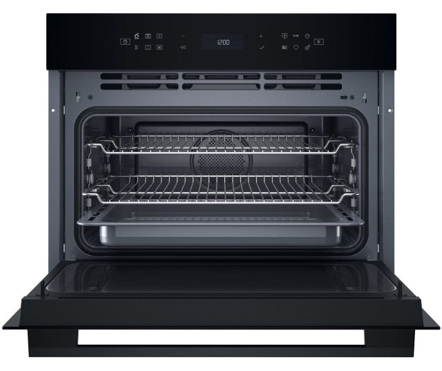 Whirlpool WCW7O7HTSB magnetron-oven geopende deur met twee roestvrij stalen roosters