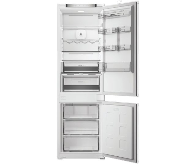 Whirlpool WHK2 5293B5E Amerikaanse koelkast met dubbele deur, geopend, toont bovenste koelkast en onderste vriezer