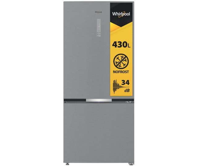 Whirlpool koel-vriescombinatie 430L vooraanzicht met gesloten deuren en energielabel
