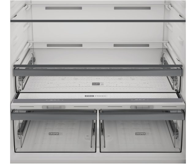 Whirlpool koelkast interieur met Dairy en Pro Fresh laden en Crisper-laden