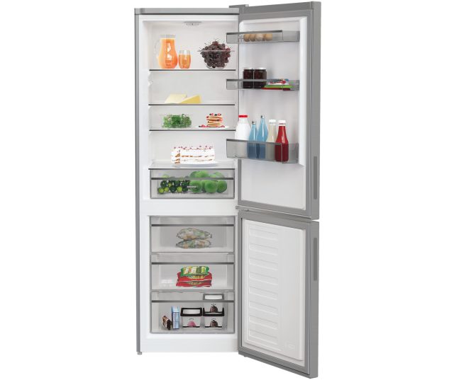 Whirlpool koel/vriescombinatie interieur geopend, koelkast bovenin met schappen en deurrekken, vriezer onderin met laden