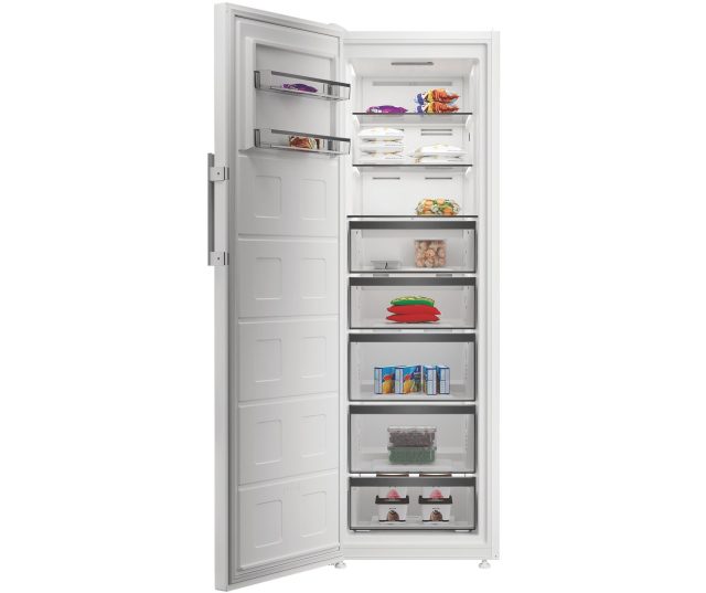 Whirlpool WHMFF 6312 W5E vriezer geopende deur met verschillende volle vriesschappen en producten
