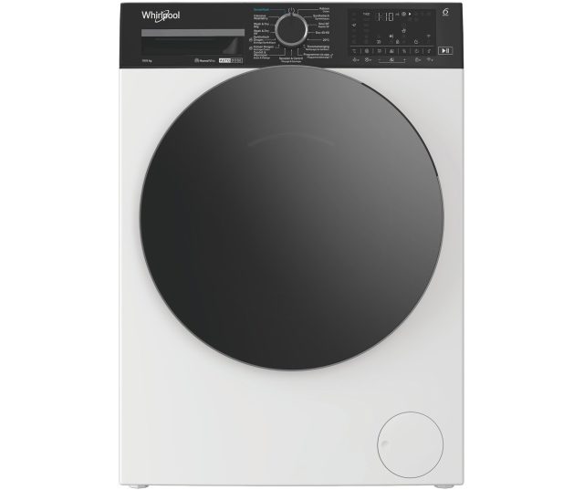 Whirlpool was/droogcombinatie vooraanzicht met zwart bovenpaneel en gesloten luik