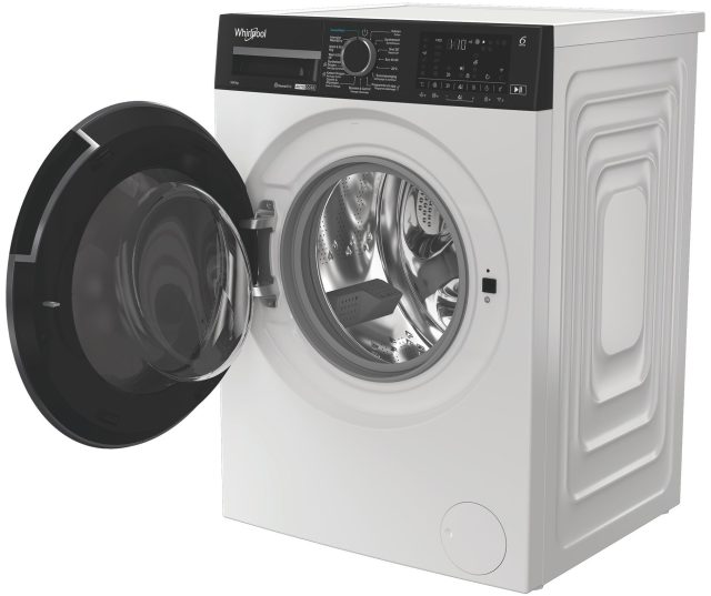 Whirlpool was/droogcombinatie met geopende deur en zichtbare trommel met wasgoed