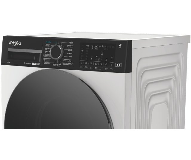 Whirlpool was/droogcombinatie bovenaanzicht met bedieningspaneel en draaiknop zichtbaar