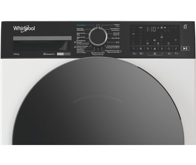Whirlpool was/droogcombinatie bovenpaneel detail met draaiknop en digitale bediening