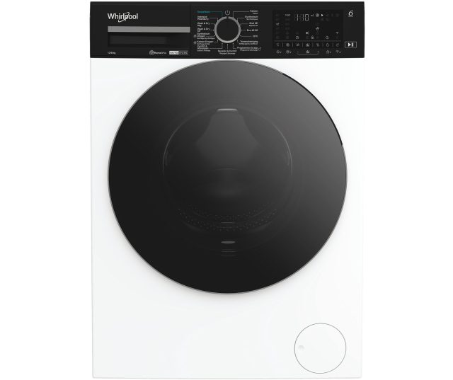 Whirlpool was/droogcombinatie frontaanzicht met gesloten zwarte trommel en bedieningspaneel bovenaan