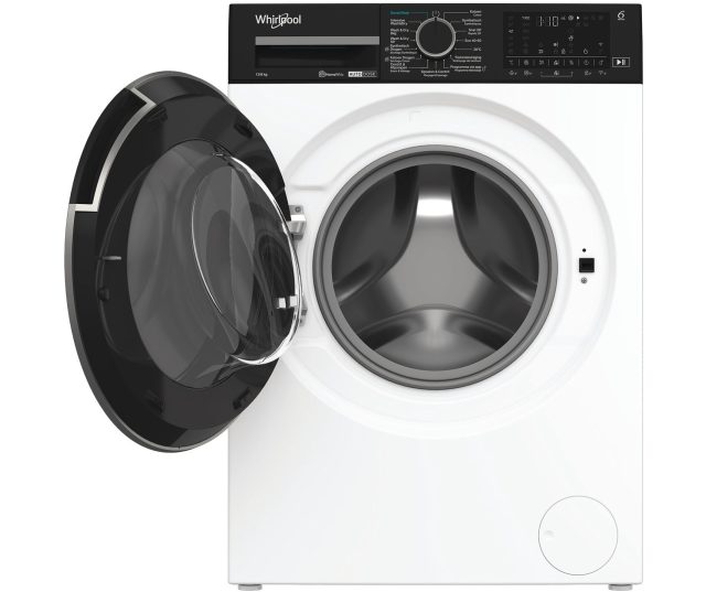 Whirlpool was/droogcombinatie met geopende deur en zichtbare zwarte trommel, frontaanzicht