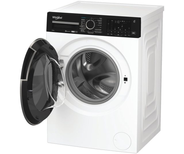 Whirlpool was/droogcombinatie met geopende deur en zichtbare gewelfde trommelstructuur, frontaanzicht