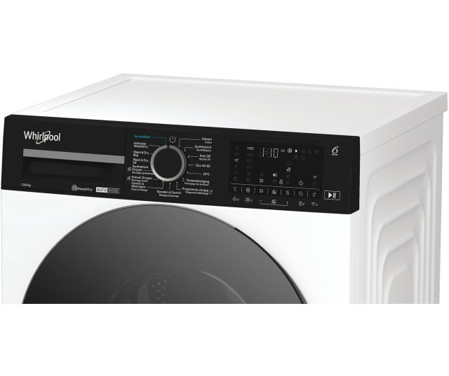 Whirlpool was/droogcombinatie bovenaanzicht met bedieningspaneel en zwarte trommel zichtbaar