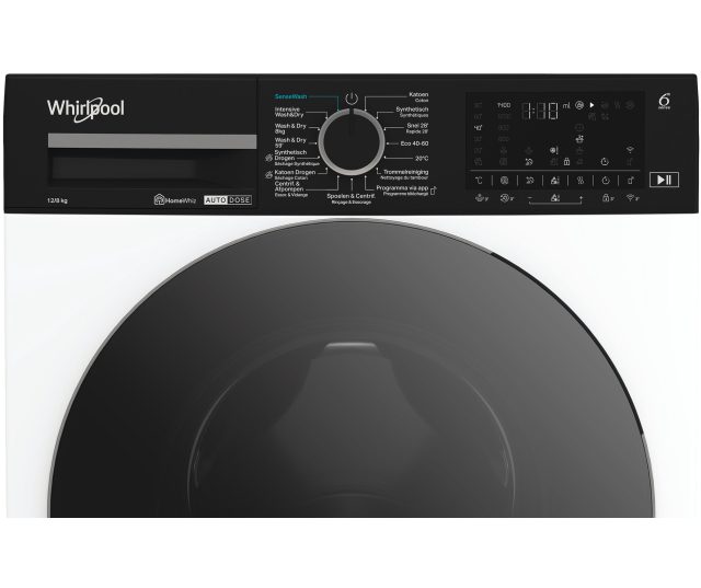 Whirlpool was/droogcombinatie bedieningspaneel detail met draaiknop en digitaal display bovenaanzicht