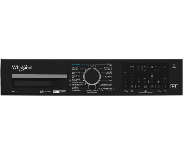 Whirlpool was/droogcombinatie bedieningspaneel met alle knoppen en symbolen zichtbaar, bovenaanzicht