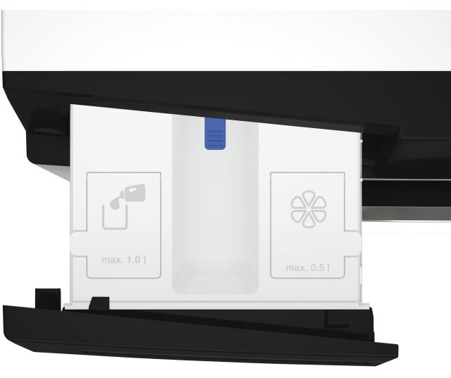 Whirlpool was/droogcombinatie detailweergave dispenser compartimenten met max. 1.0 liter en max. 0.5 liter aanduiding