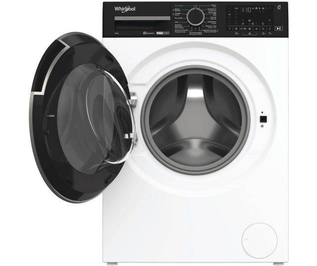 Whirlpool wasmachine met geopende deur en zichtbaar trommelbinnenkant