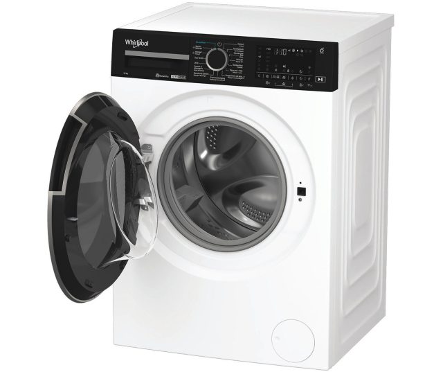 Whirlpool wasmachine zijkant met geopende deur en trommeltank zichtbaar