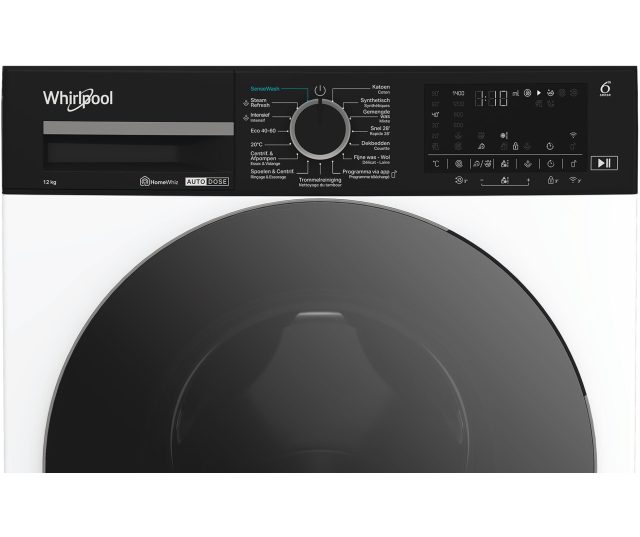 Whirlpool wasmachine bovenkant bedieningspaneel met draaiknop en touchscreen display