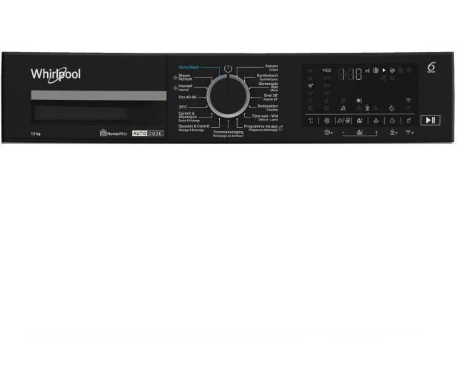 Whirlpool wasmachine bedieningspaneel close-up met programma's en instellingen