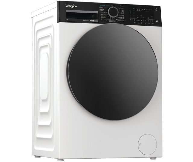 Whirlpool vrijstaande wasmachine vooraanzicht met bedieningspaneel en gesloten deur
