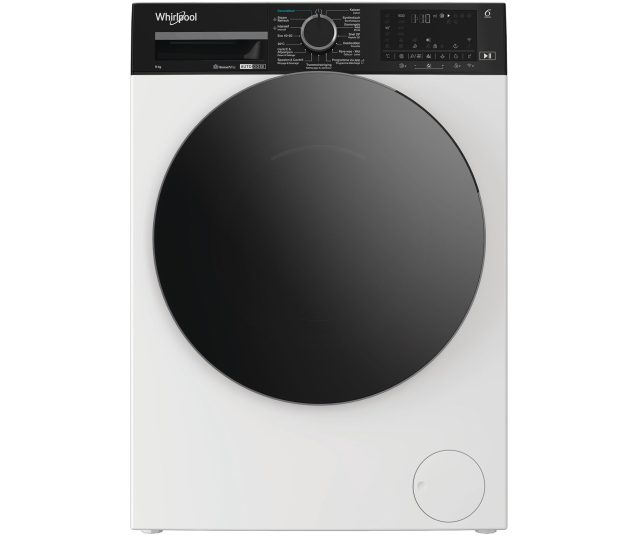 Whirlpool vrijstaande wasmachine frontale weergave met zwarte deur en bedieningsknop