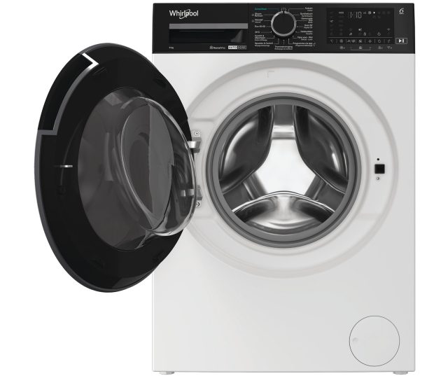 Whirlpool vrijstaande wasmachine met geopende deur en zichtbare trommel van bovenaf