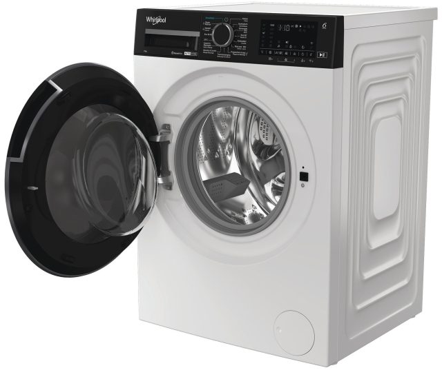 Whirlpool vrijstaande wasmachine met geopende deur en zichtbare roestvrij stalen trommel