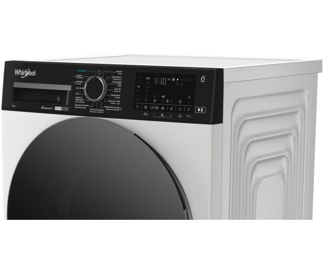 Whirlpool vrijstaande wasmachine van boven met zichtbaar bedieningspaneel en trommel