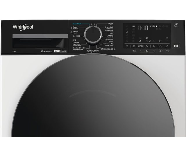 Whirlpool vrijstaande wasmachine bedieningspaneel detail met draaiknop en digitaal display