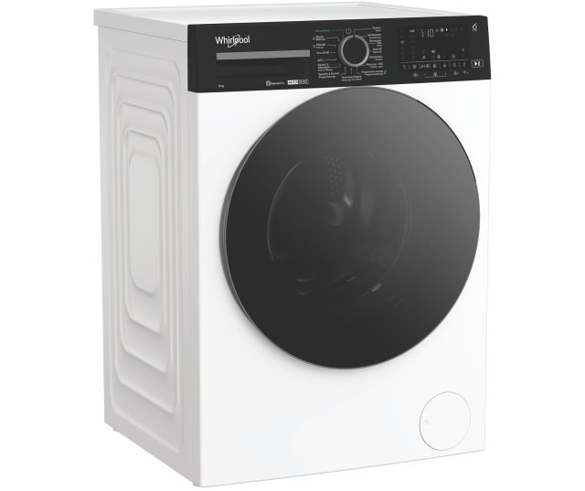 Whirlpool vrijstaande wasmachine vooraanzicht met gesloten deur en bedieningspaneel