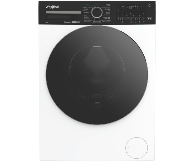 Whirlpool wasmachine frontaal met gesloten ronde deur en zwart bedieningspaneel