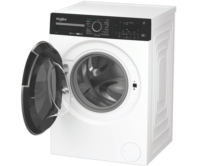 Whirlpool wasmachine zijprofiel met openstaande deur en zichtbare trommelinterieur