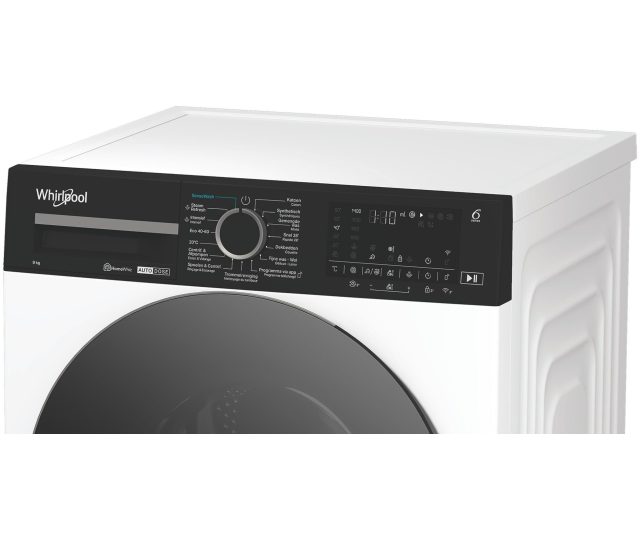 Whirlpool wasmachine bovenaanzicht bedieningspaneel met draaiknop en digitale display