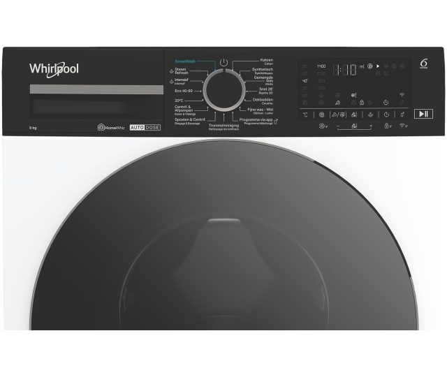 Whirlpool wasmachine bovenaanzicht bedieningspaneel met functiepictogrammen zichtbaar