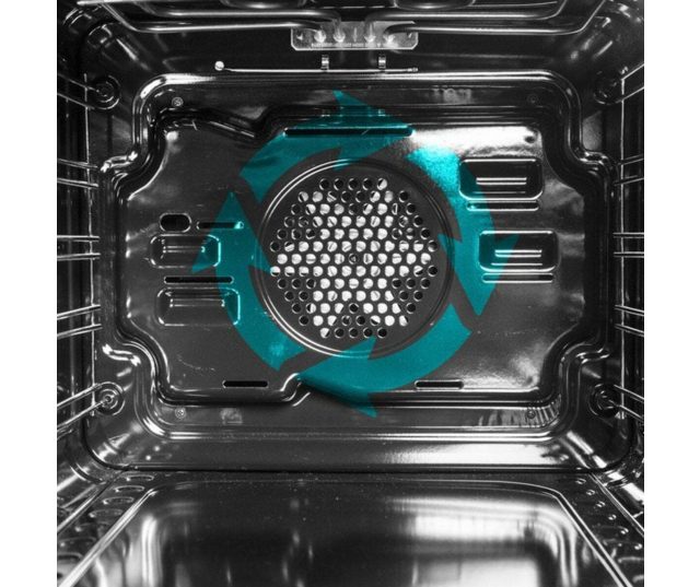Wiggo WO_E909B gesloten oven interieur met verwarmingselement en circulatiepijl in turquoise